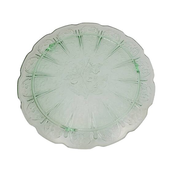 Jeannette Glass Green Depression 3-Footed Cake Plate Cherry Blossom Pattern Vtg - Picture 3 of 13